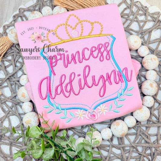 Floral crown monogram frame, satin stitch machine embroidery design, crown jewels, princess, flowers, swag