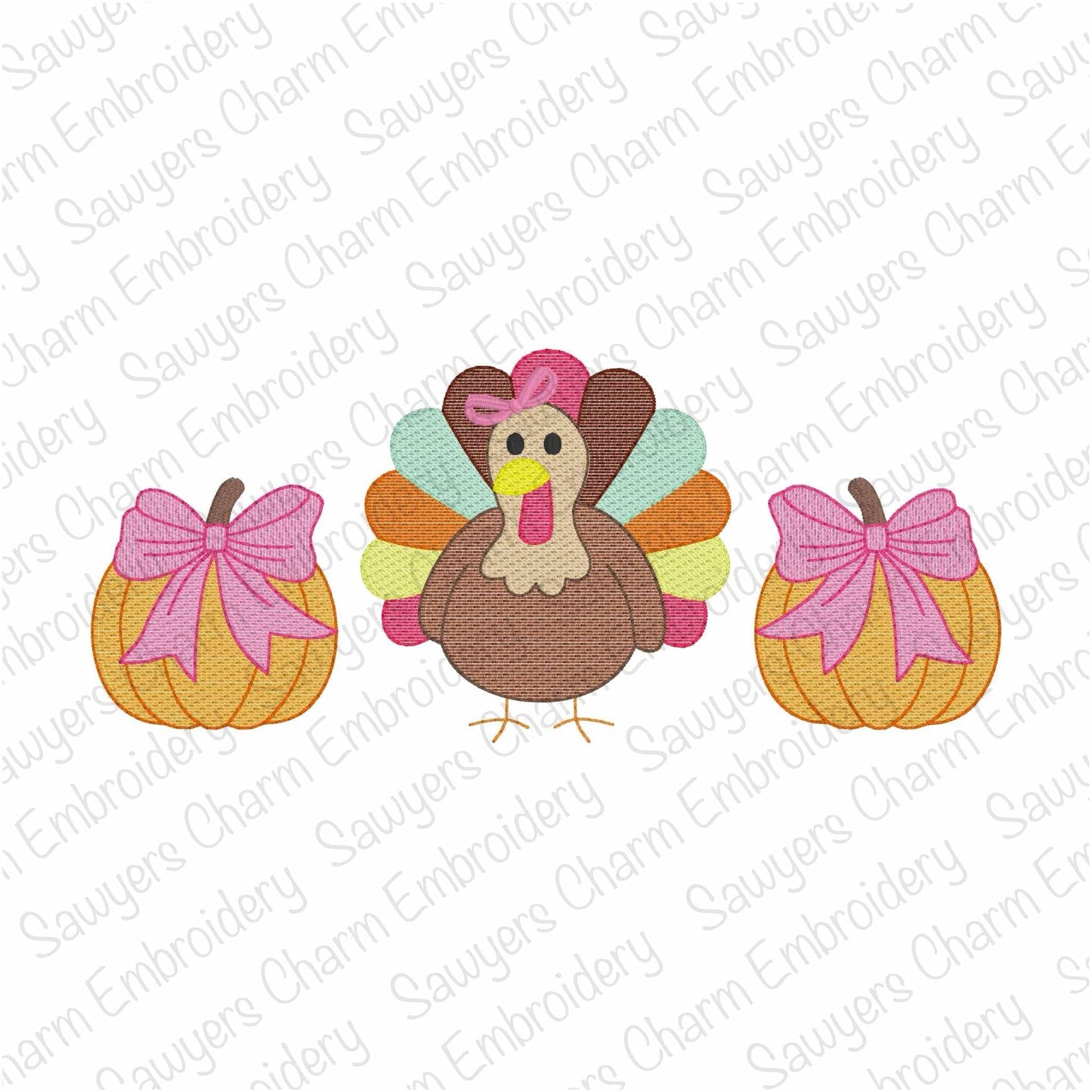 Turkey & pumpkins with coquette bow sketch stitch trio, machine embroidery design, perfect for fall, thanksgiving, gobble, quick stitch
