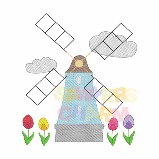 Windmill & tulips sketch stitch machine embroidery design file, quick stitch, spring flowers, Netherlands