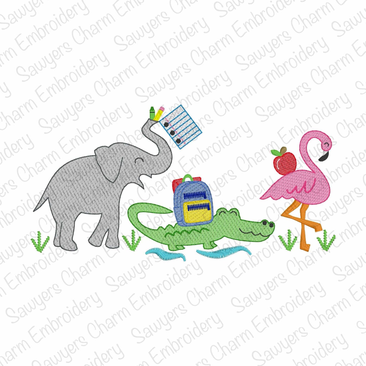 BUNDLE Back to school Zoo/jungle/safari animals with/without bows sketch stitch trio, machine embroidery design, elephant, gator, flamingo