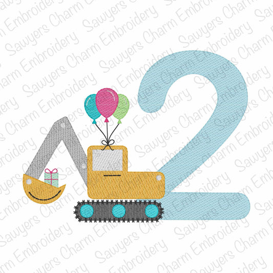 Second birthday excavator with balloons & gift/present sketch stitch machine embroidery design, construction, transportation, city vehicle