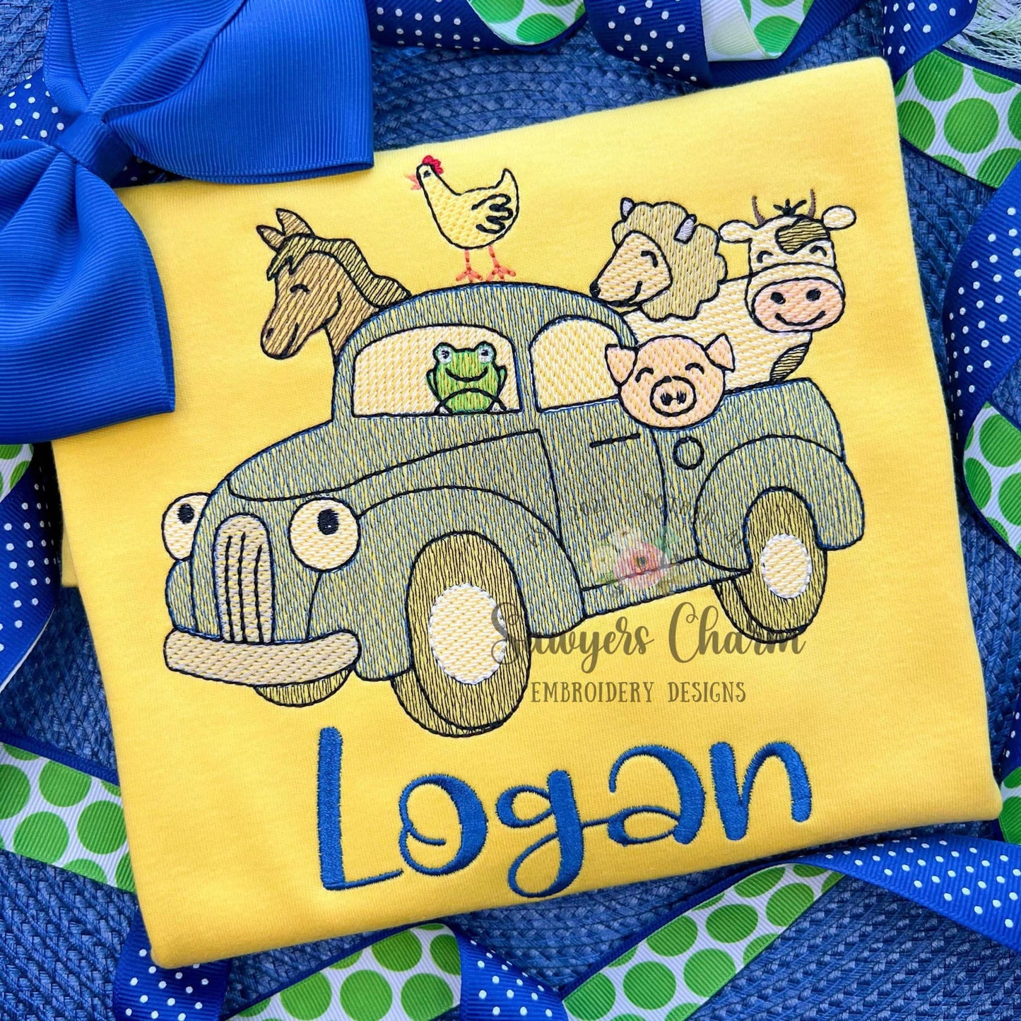 Blue truck with farm animals sketch stitch, machine embroidery design file, bean stitch, transportation, beep beep, oink baa moo, chicken