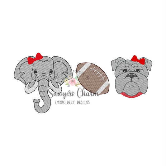 Elephant, football, bulldog with collar trio, sketch stitch embroidery design BUNDLE, with/without bow, House Divided