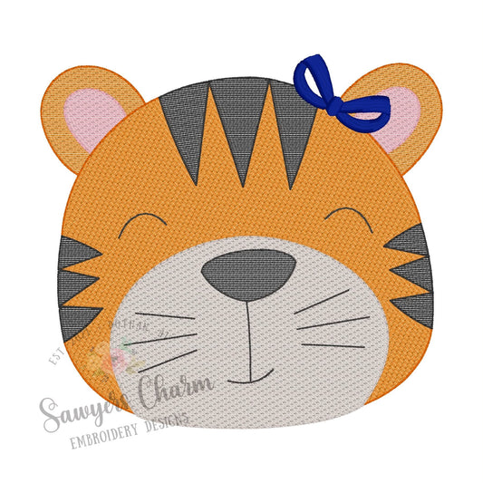 Tiger face sketch stitch embroidery design BUNDLE, with/without bow, zoo animal, sports mascot
