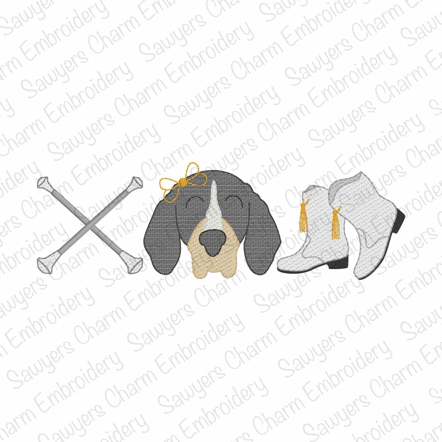 Hound dog mascot majorette boots sketch stitch trio, machine embroidery design, quick stitch, coquette bow, cheerleading fan, dance, baton
