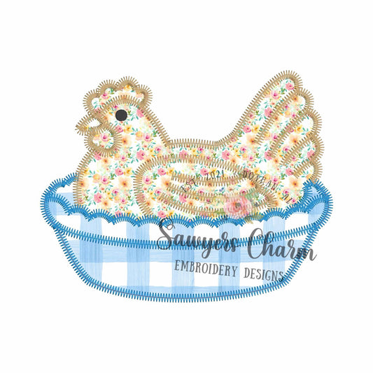 Hen on nest zig zag stitch machine applique embroidery design, Vintage spring chicken