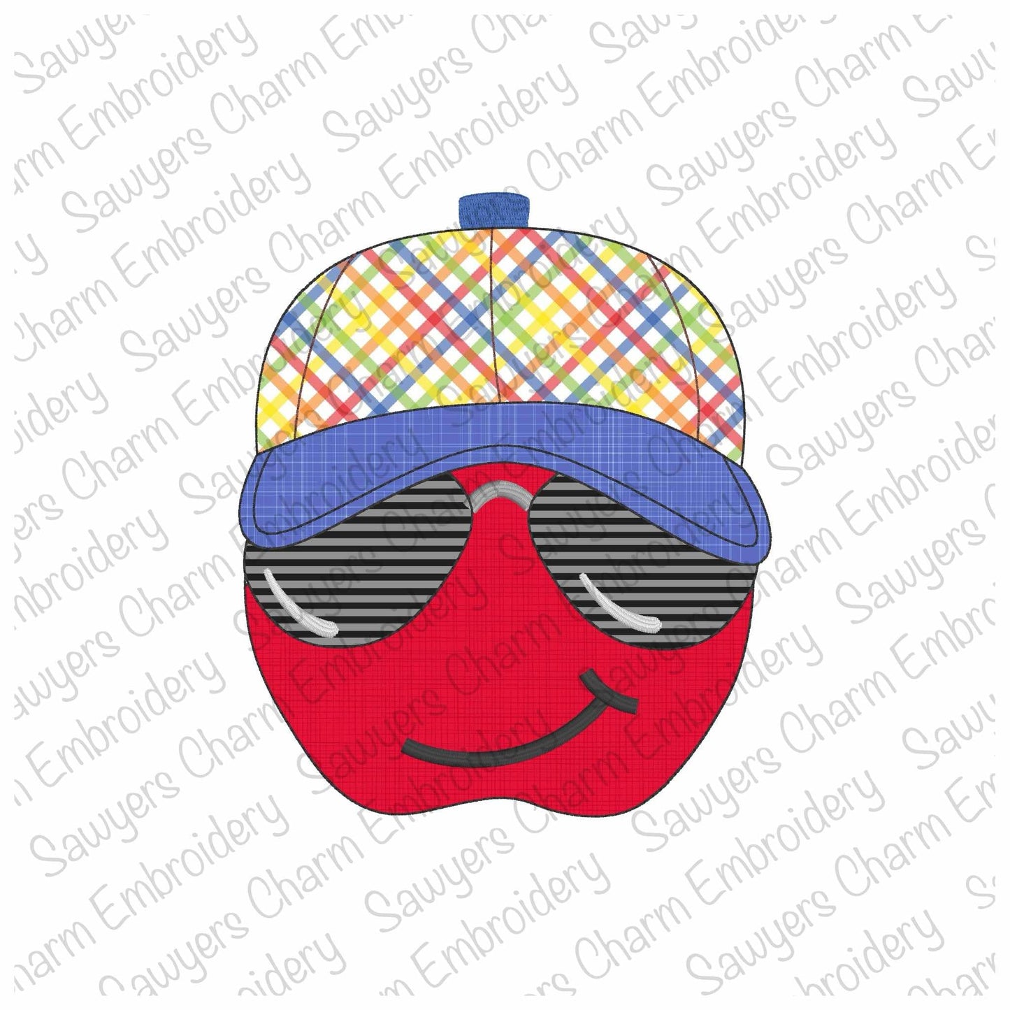BUNDLE Apple with sunglasses and ballcap/hat zigzag & bean stitch applique, machine embroidery design, back to school, shades, quick stitch