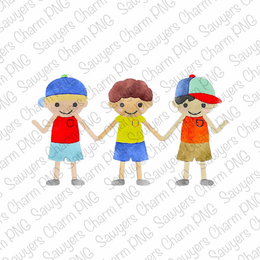 PNG watercolor Boy best friends/buds trio Printable file/Sublimation/Heat Transfer Design/Digital Clipart, school mates, back to school