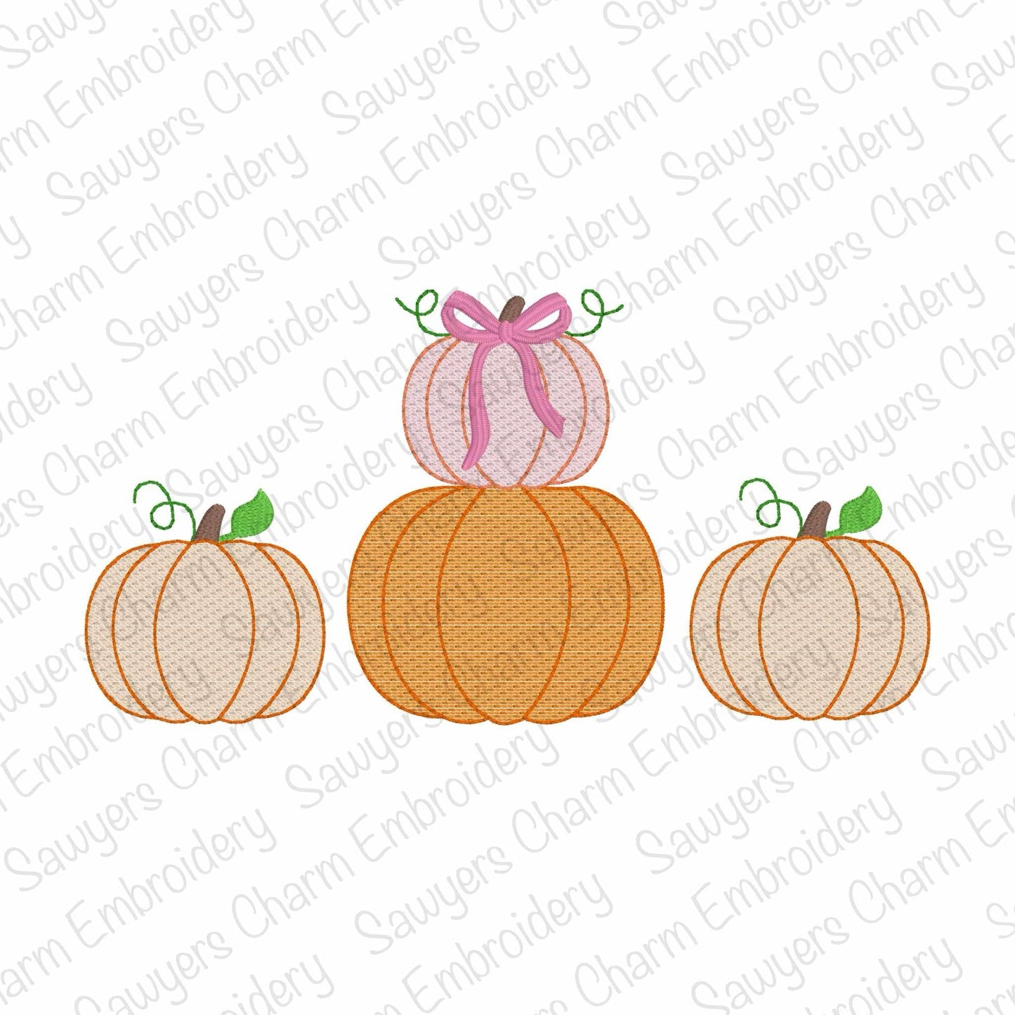 Stacked pumpkins trio with coquette bow, sketch stitch embroidery design file, fall, halloween, pumpkin patch, little girl, quick stitch