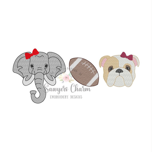 Elephant, football, bulldog with two colors trio, sketch stitch embroidery design BUNDLE, with/without bow, House Divided