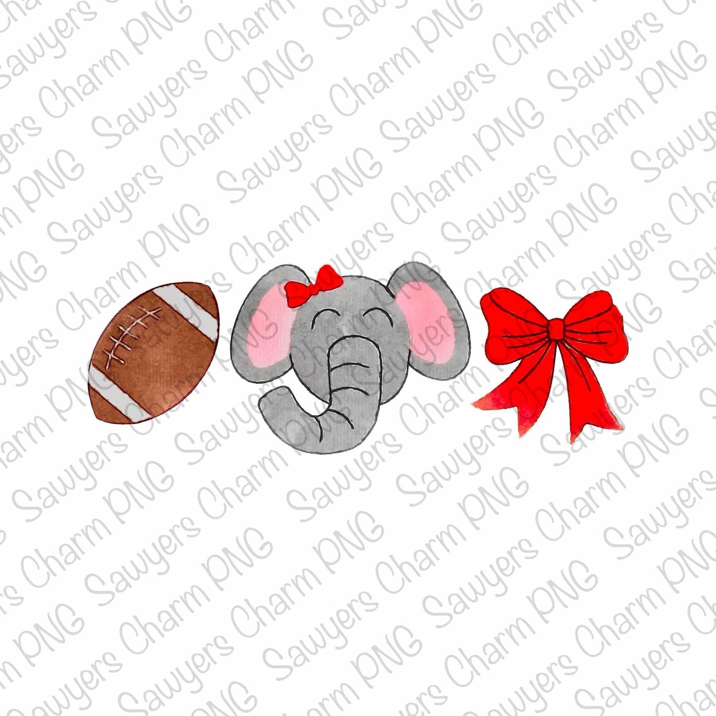 PNG watercolor Elephant mascot football coquette bow trio Printable file/Sublimation/Heat Transfer Design/Digital Clipart, cheerleading fan