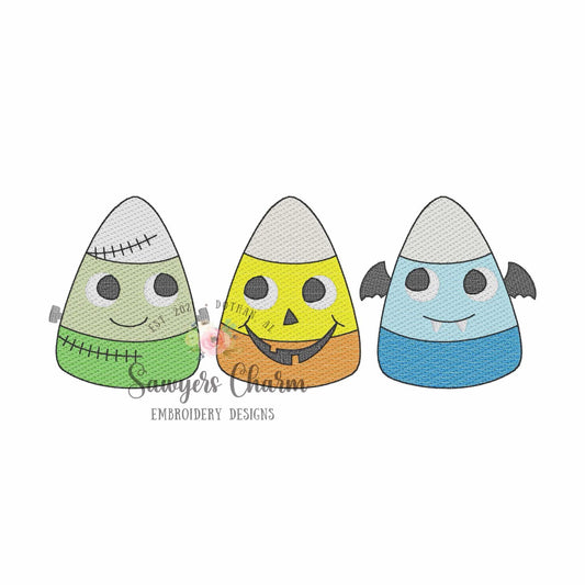 Halloween candy corn faces trio sketch stitch applique, machine embroidery design, frankenstein, jackolantern, bat, spooky season
