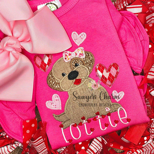 Puppy dog with coquette bow & hearts zig zag stitch machine applique embroidery design