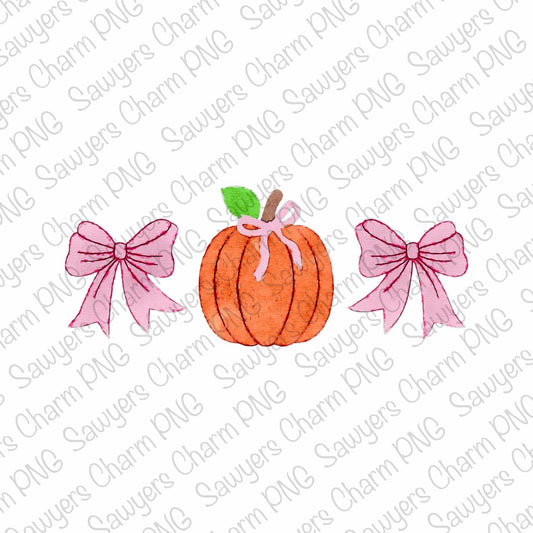 PNG watercolor Pumpkin & coquette bows trio Printable file/Sublimation/Heat Transfer Design/Digital Clipart, Fall, trendy grand millennial