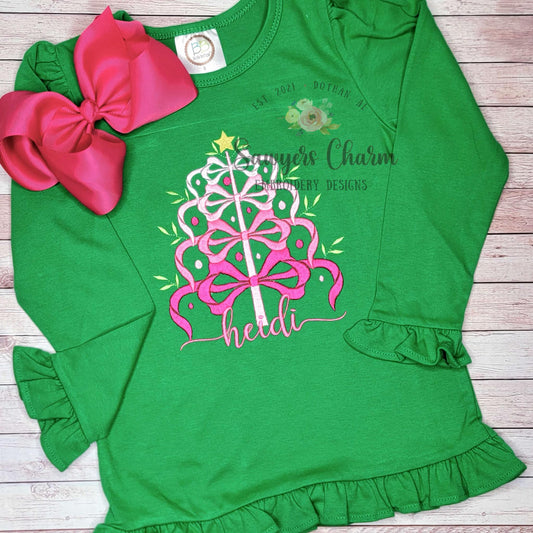 Coquette Bows Christmas tree with ornaments satin stitch machine embroidery design file, quick stitch, happy holiday, star, ribbon, branches