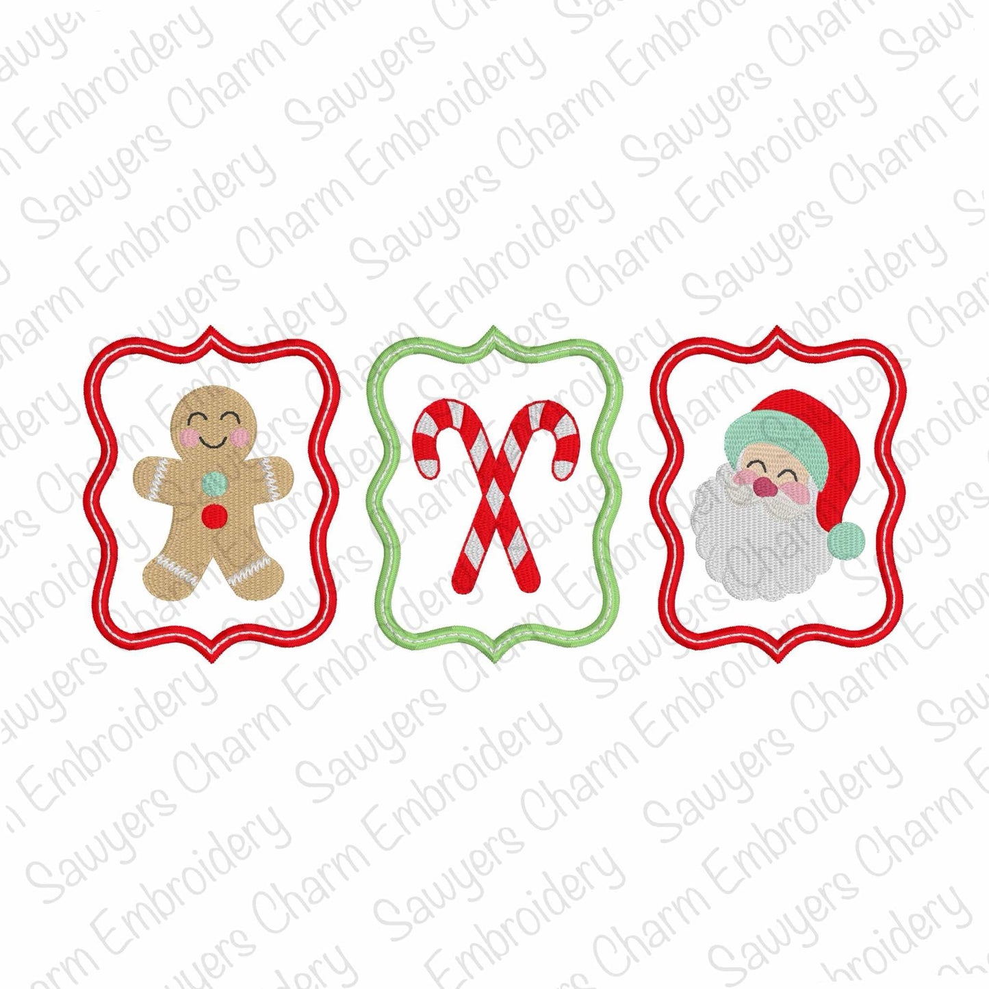 Christmas frames trio satin stitch machine embroidery design file, happy holidays, Gingerbread cookie, candy canes, Santa Claus mini fill