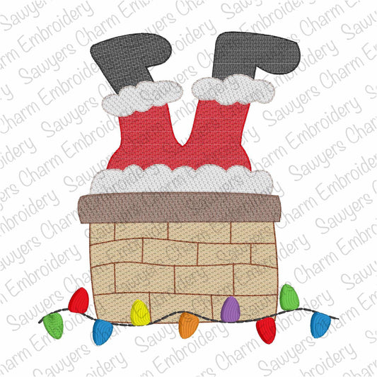 Santa Claus stuck in chimney light fill sketch stitch machine embroidery design, happy holidays, Merry Christmas, lights on roof