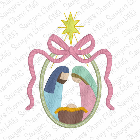 PNG faux embroidery nativity frame & coquette bow Printable file, Sublimation, Heat Transfer Design Digital Clipart, Christmas Baby Jesus