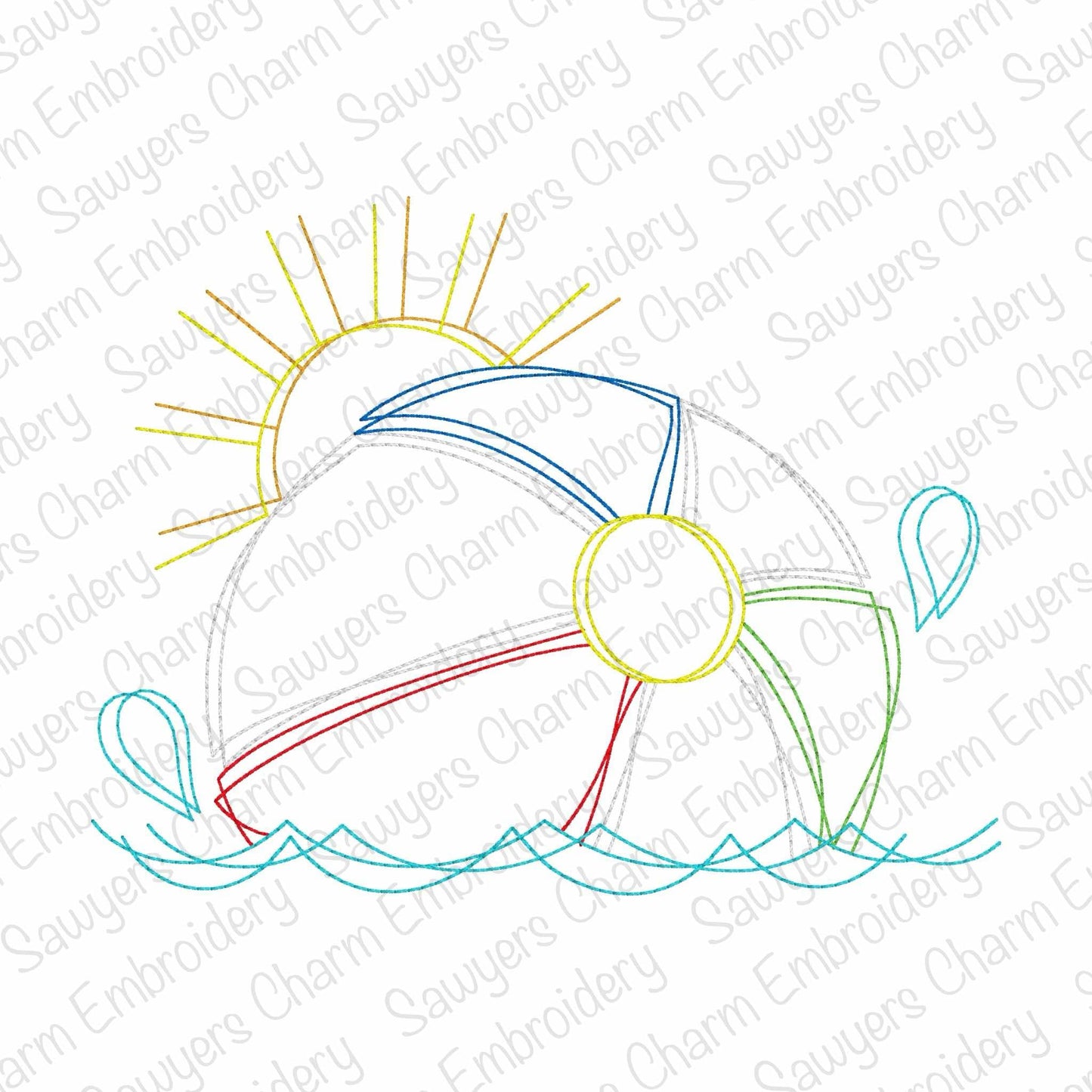 Beach ball with water/waves squiggly bean stitch machine embroidery design file, summer nautical beach, surfing, sand