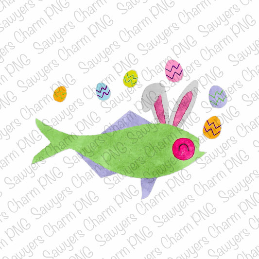 PNG watercolor Easter fish with bunny ears & egg bubbles Printable file/Sublimation/Heat Transfer Design/Digital Clipart, spring egg hunt