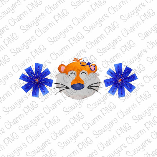 PNG watercolor Tiger mascot pom poms trio Printable file/Sublimation/Heat Transfer Design/Digital Clipart, coquette bow, cheerleader, dance