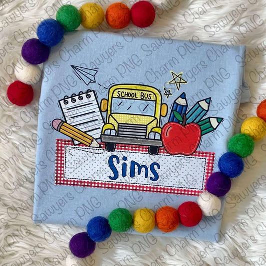 PNG Back to school faux applique Printable file, Sublimation/Heat Transfer Design/Digital Clipart, bus, notepad/pencil, paper airplane apple