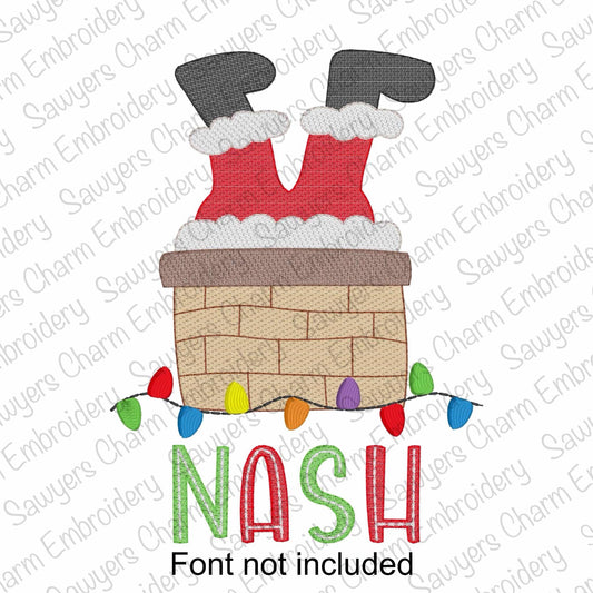 Santa Claus stuck in chimney light fill sketch stitch machine embroidery design, happy holidays, Merry Christmas, lights on roof