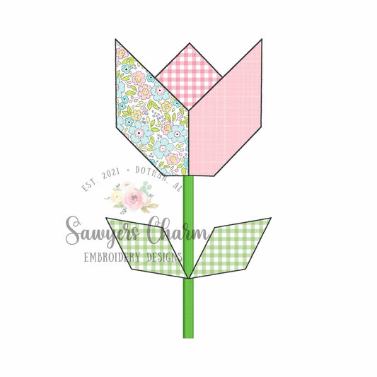 Quilt style tulip flower bean stitch applique, machine embroidery design, grandmother's flower garden