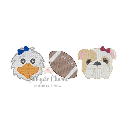 Eagle, football, and bulldog trio, sketch stitch embroidery design BUNDLE, with/without bow, house divided