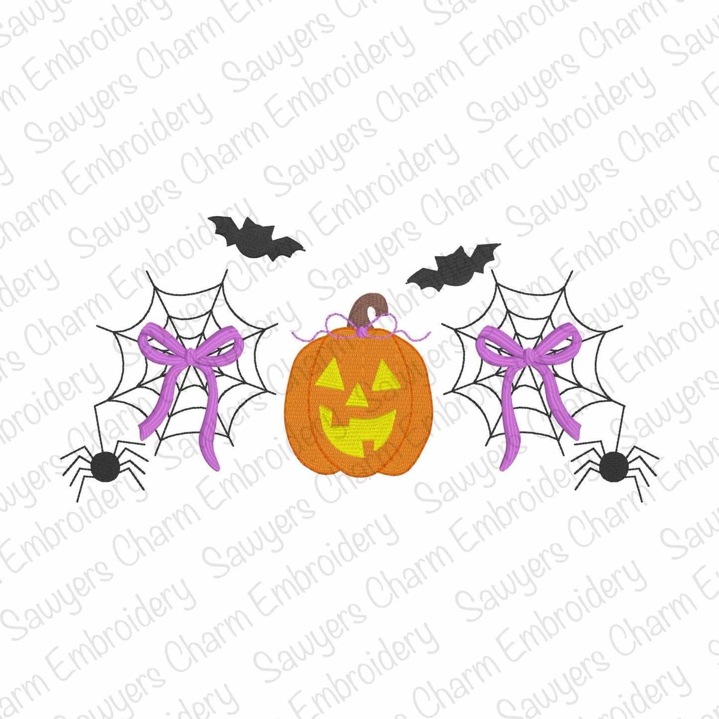 Spiderweb, jackolantern, coquette bows, bats trio fill stitch machine embroidery design file, bean stitch, spooky season, Halloween pumpkin