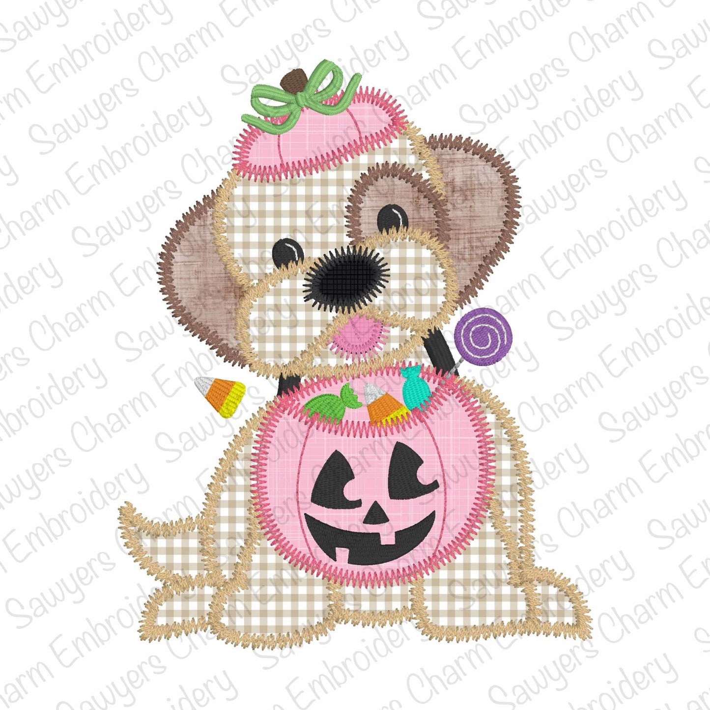 BUNDLE Halloween dog with jackolantern candy bucket zigzag stitch applique, machine embroidery design, fall trick or treating, coquette bow
