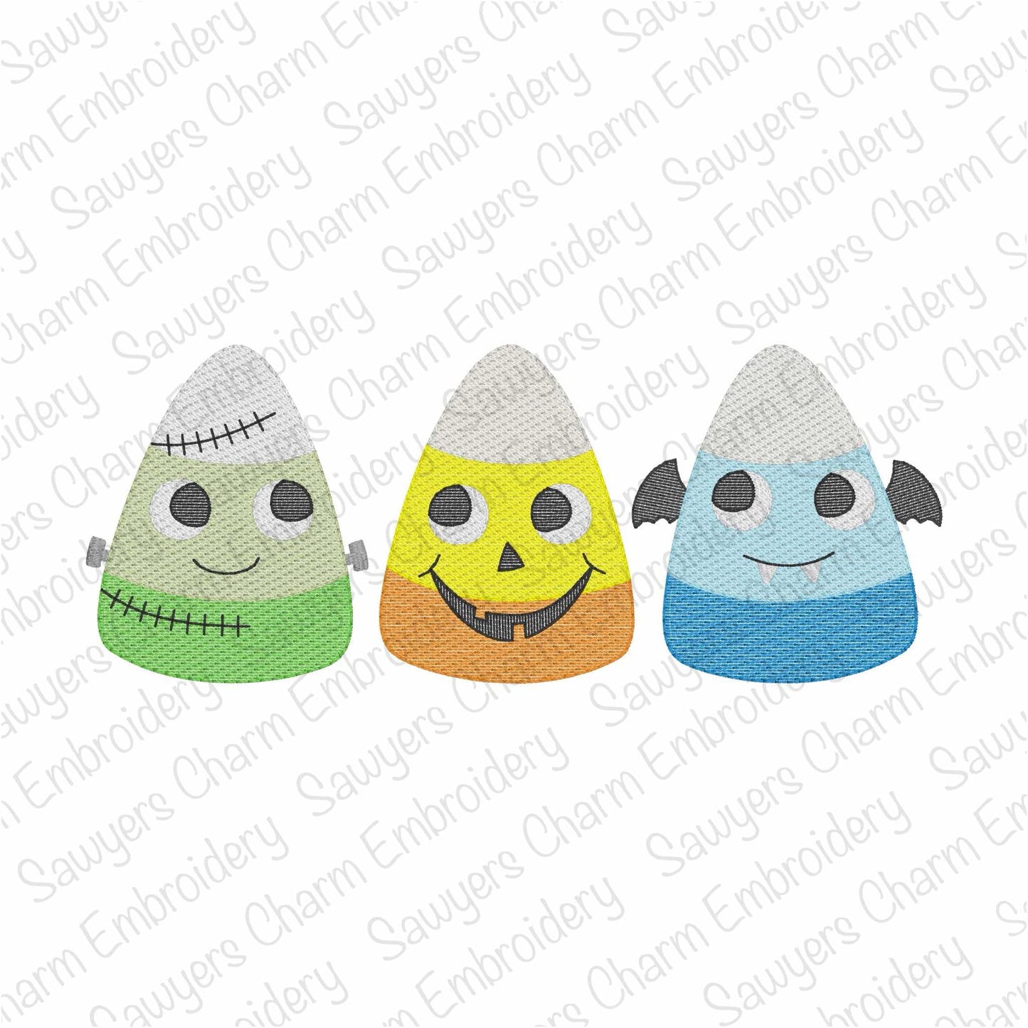 Halloween candy corn faces trio sketch stitch applique, machine embroidery design, frankenstein, jackolantern, bat, spooky season