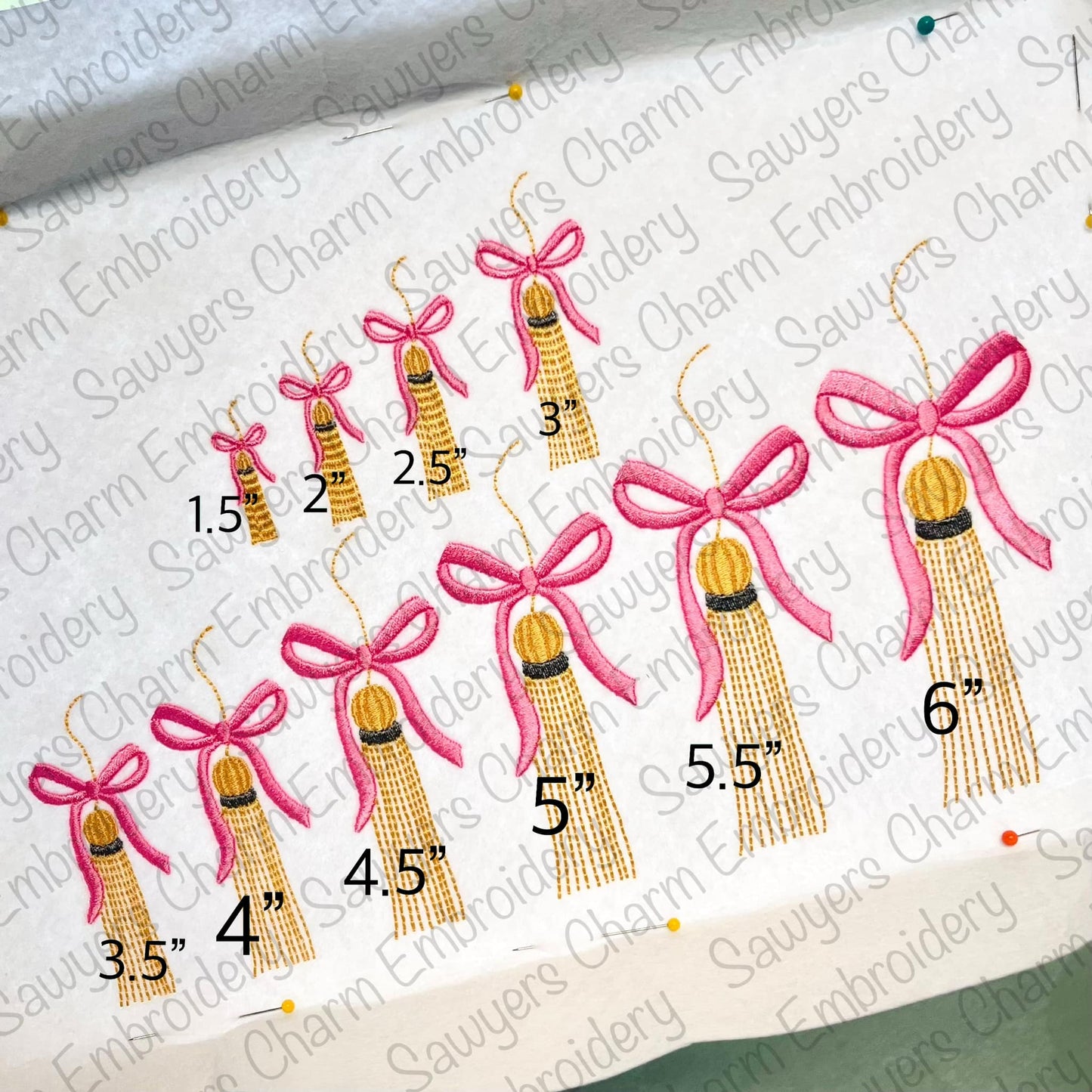 BUNDLE Tassel with/without coquette bow satin stitch machine embroidery design file, bean stitch, graduation day, cap & gown, mini sizes