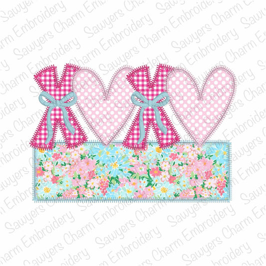 BUNDLE XOXO hearts with coquette bows and name plate zig zag & bean stitch applique, machine embroidery design, Valentine's Day love
