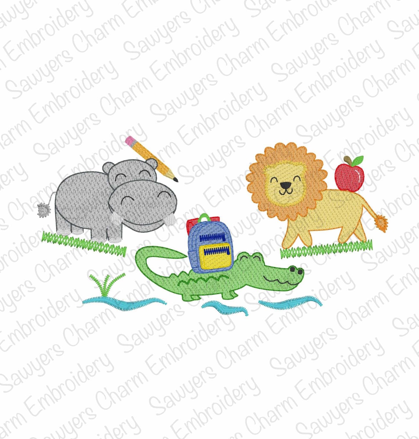 BUNDLE Back to school Zoo/jungle/safari animals with/without bows sketch stitch trio, machine embroidery design, hippo, alligator, lion