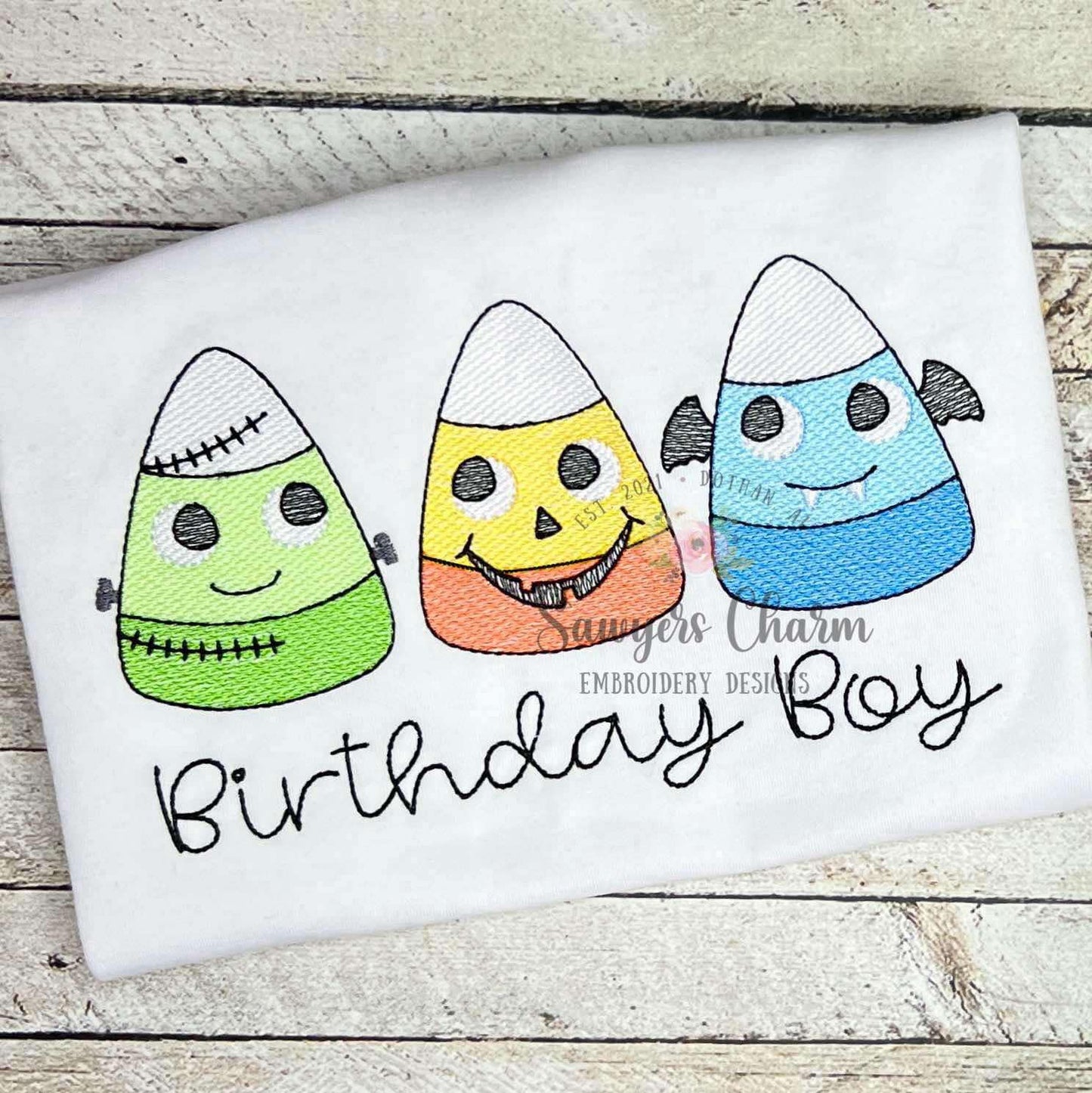 Halloween candy corn faces trio sketch stitch applique, machine embroidery design, frankenstein, jackolantern, bat, spooky season