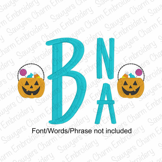 Turquoise letters 'BNA' with Halloween-themed pumpkins on a white background.