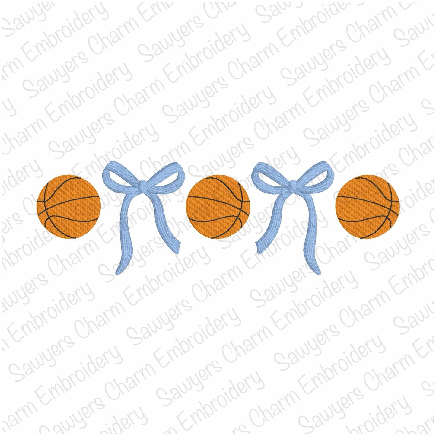 Two basketballs and two blue bows arranged in a row on a white background with 'Sauyer's Charm Embroidery' watermark.
