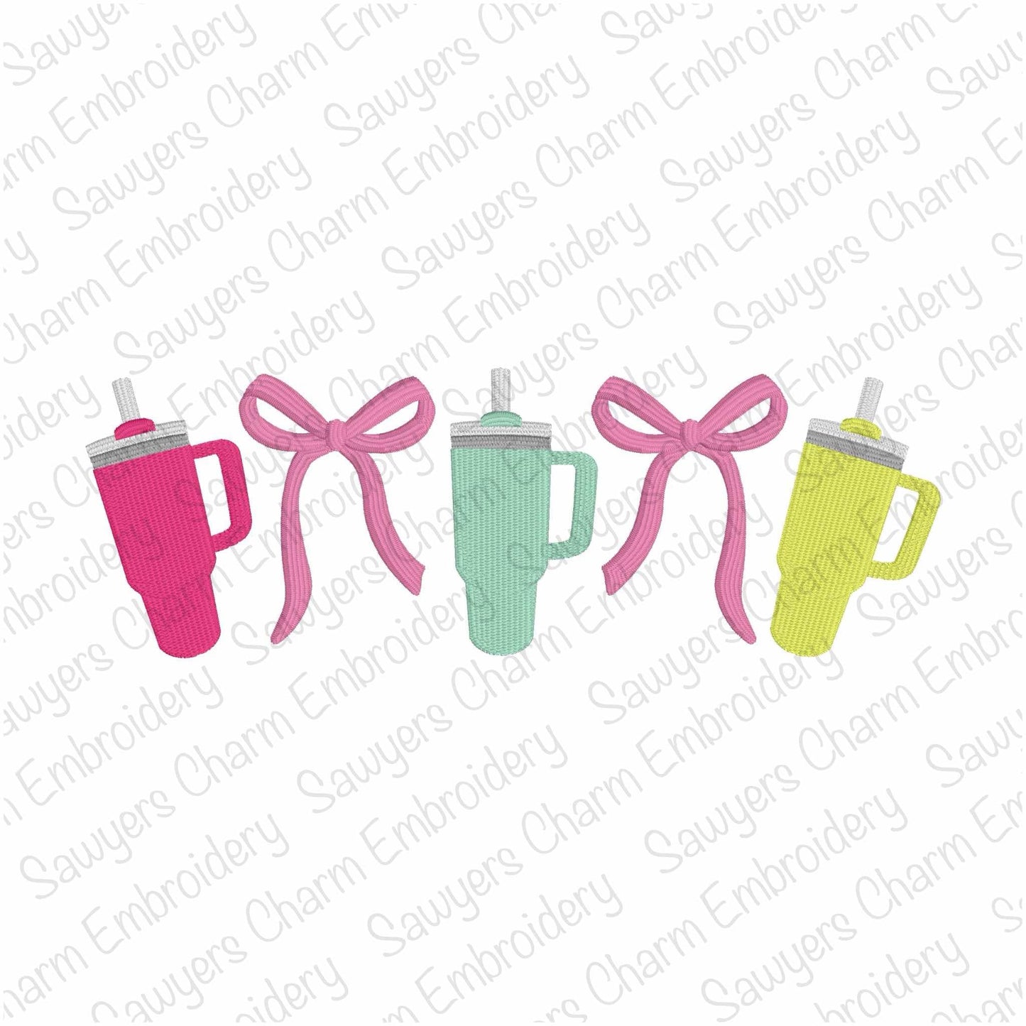 Colorful sippy cups with pink bows on a white background with 'Sauyer's Charm Embroidery' watermark.