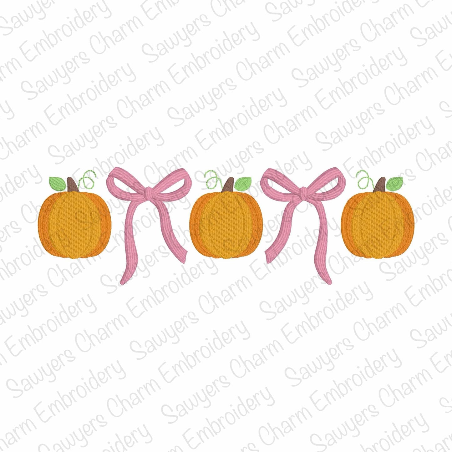Two pumpkins with pink ribbons on a white background with 'Sauyer's Charm Embroidery' watermark.