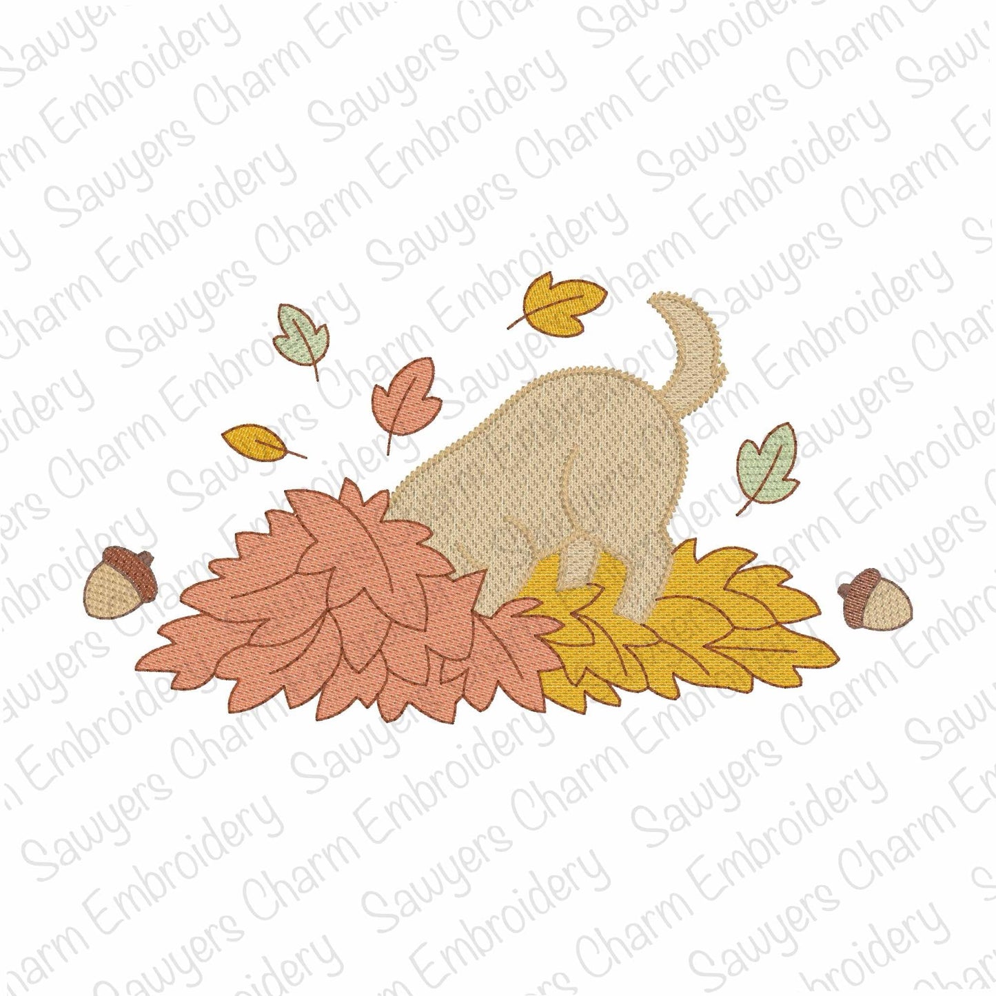 Embroidery design of a dog with autumn leaves and acorns on a white background.