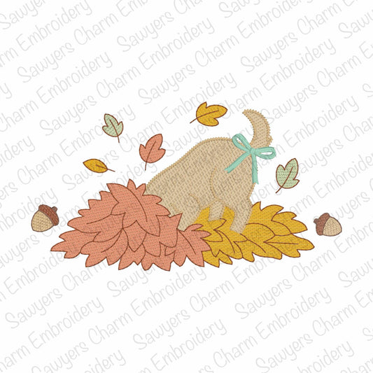 Embroidery design of a turkey with fall leaves and acorns on a white background.
