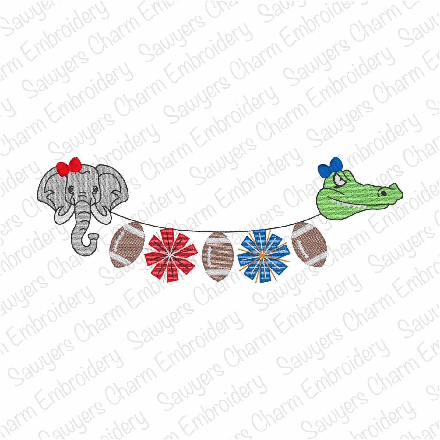 Decorative banner with elephant, crocodile, and sports-themed elements on a white background.