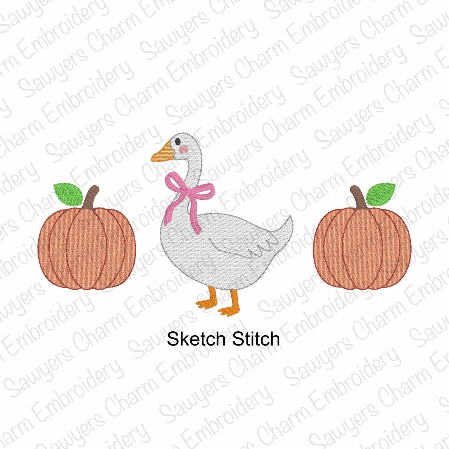 Embroidery design of a goose with pumpkins on a white background with 'Sauyer's Embroidery' watermark.