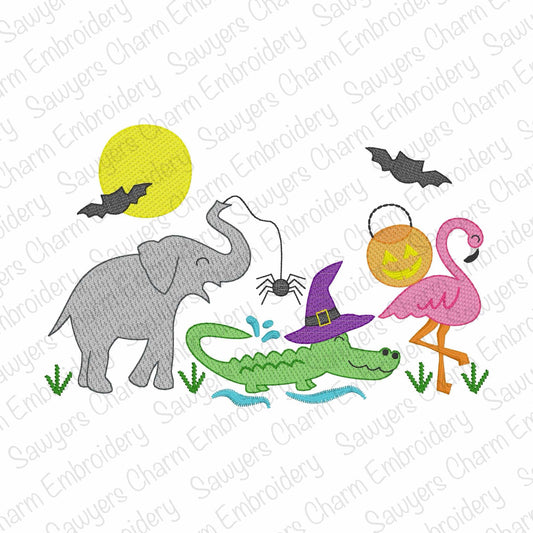 Illustration of an elephant, crocodile, flamingo, and alligator with Halloween elements on a white background.