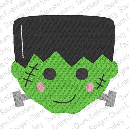Embroidered design of a cute Frankenstein monster on a white background with 'Saugers Embroidery' watermark.
