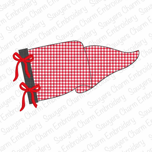 Red and white checkered flag with a black border and red ribbons on a white background.