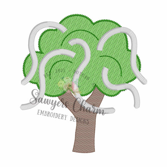 Embroidered design of a tree with green leaves and brown trunk on a white background, featuring the brand 'Sawyer's Charm'.