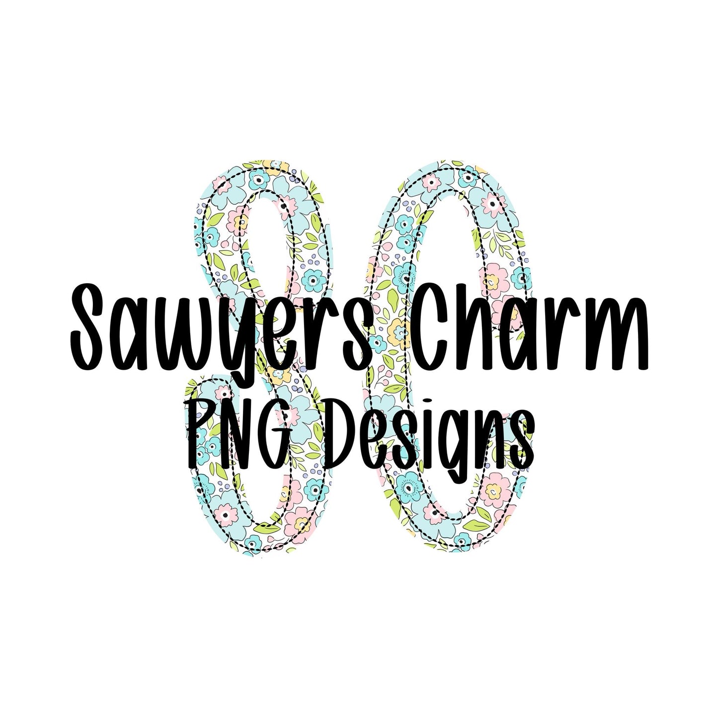 Logo with floral design and text 'Sawyers Charm PNG Designs' on a white background