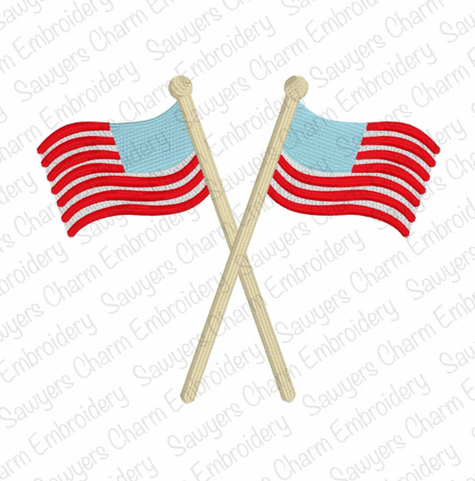 Crossed double American flags, satin stitch machine embroidery design file, quick stitch, 4th of July, patriotic stars/stripes, Memorial Day